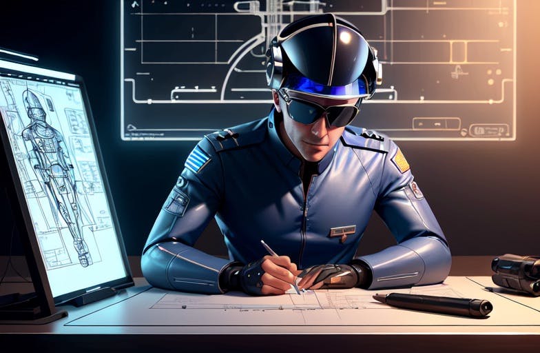 A pilot with cybernetic arms, flight captain hat, standing at a drafting table drawing a blueprint